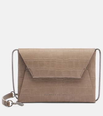 Clutch BC Duo in suede con stampa coccodrillo | Brunello Cucinelli