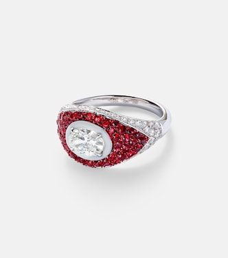 18kt white gold pinky ring with diamonds and rubies | Kamyen