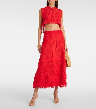 Red Toucan guipure lace midi skirt | Farm Rio