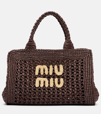 Logo raffia-effect tote bag | Miu Miu