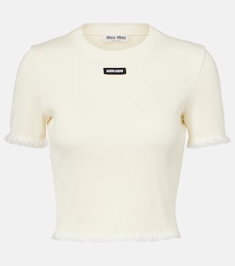 Cropped lace-trimmed cotton T-shirt | Miu Miu