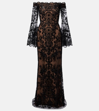 Sequined off-shoulder lace gown | Elie Saab