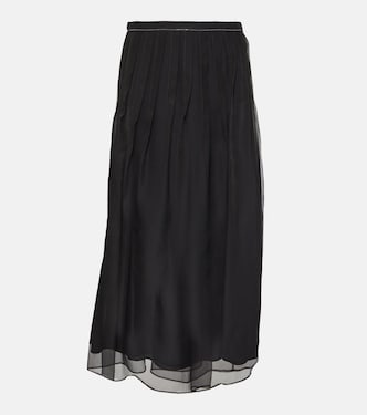 Falda midi de seda plisada y adornada | Brunello Cucinelli