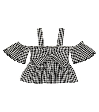 Gingham cotton off-shoulder top | Monnalisa