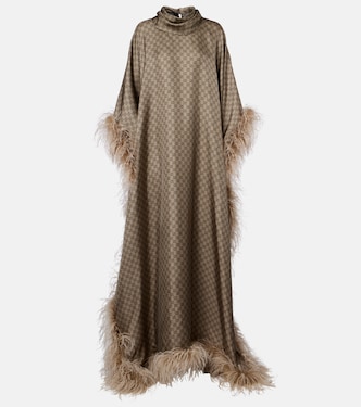 GG feather-trimmed silk twill kaftan | Gucci