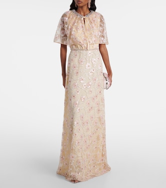 فستان طويل بكيب مع تزيين بطبعات الورود | Self-Portrait