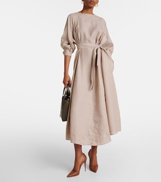 Vestido midi de lino con cinturón | Loro Piana