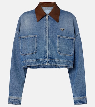 Cropped leather-trimmed denim jacket | Prada