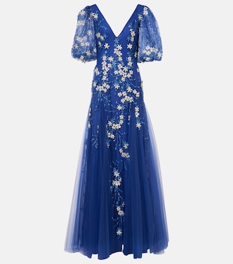 Abito lungo in tulle con applicazioni floreali | Costarellos