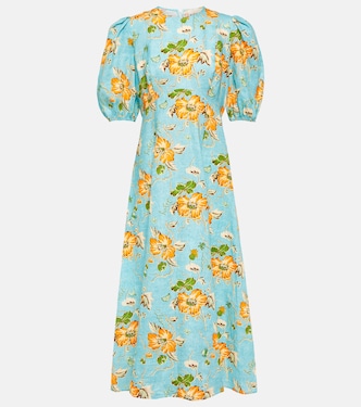 Vestido midi de lino floral con mangas abullonadas | Alémais