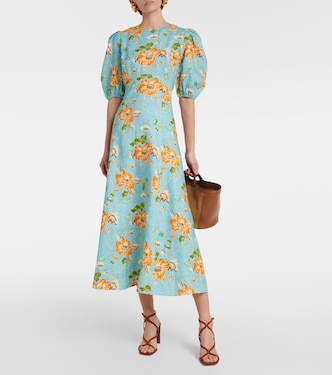 Vestido midi de lino floral con mangas abullonadas | Alémais