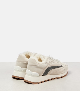 Sneakers in suede con shearling e monili | Brunello Cucinelli