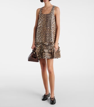 Leopard-print ruffled cotton poplin minidress | Ganni