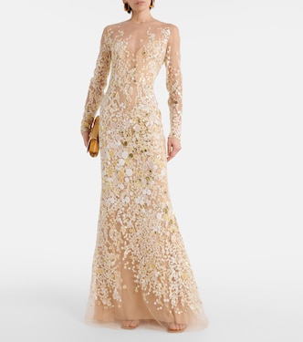 Abito lungo in tulle con ricamo | Elie Saab