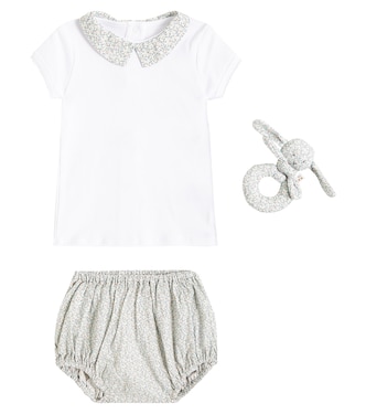 Baby cotton top, bloomers, and rattle set | Bonpoint