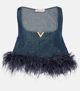 Bralette VGold aus Denim mit Federn | Valentino