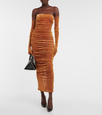 Brooks ruched midi dress with gloves | Alex Perry