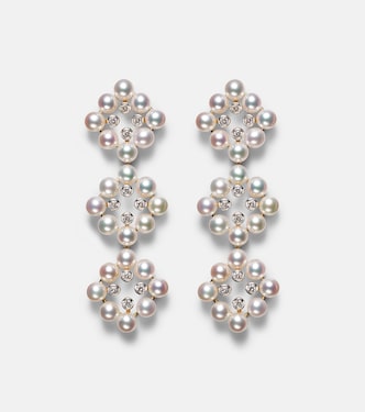 Boucles d'oreilles Cluster Drop en or 14 ct, diamants et perles | Mateo
