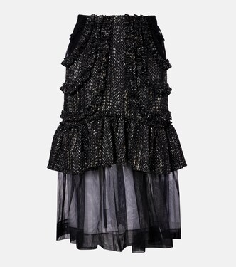 Tulle-trimmed high-rise tweed midi skirt | Simone Rocha