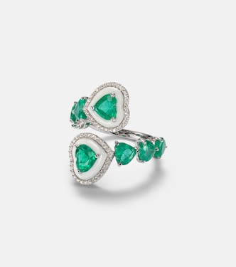 Heart 18kt white gold and enamel ring with emeralds and diamonds | Kamyen