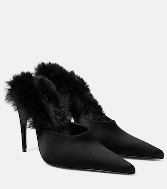 Faux fur-trimmed satin mules | Magda Butrym