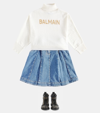 Falda plisada de denim | Balmain Kids