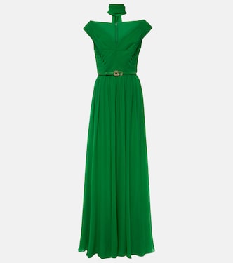 Abito lungo in seta con scollo bardot | Elie Saab
