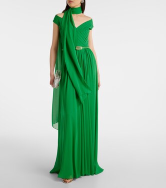 Abito lungo in seta con scollo bardot | Elie Saab