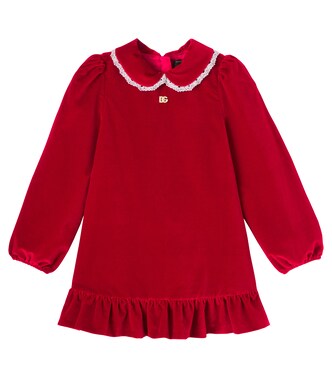 DG lace-trimmed cotton velvet dress | Dolce&Gabbana Kids