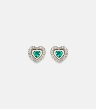 Heart 18kt white gold earrings with diamonds and emeralds | Kamyen