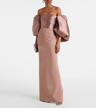 Abito lungo off-shoulder Floris con raso | Solace London