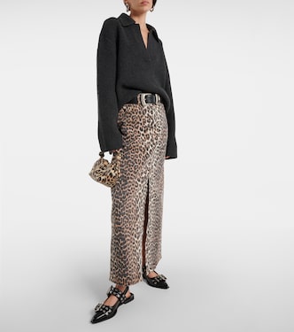 Leopard-print denim maxi skirt | Ganni