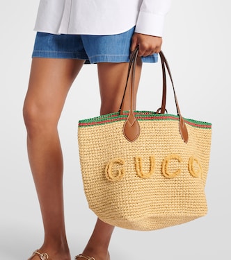 Medium leather-trimmed woven tote bag | Gucci