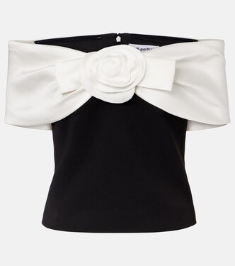 Floral-appliqué off-shoulder crêpe top | Self-Portrait