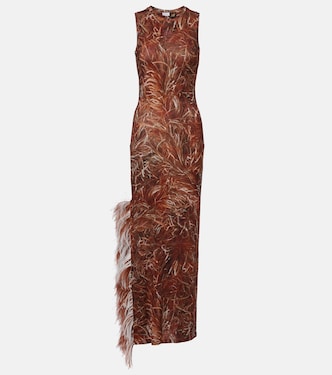 Feather-trimmed printed maxi dress | Loewe