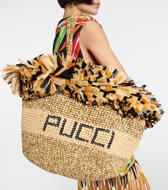 Logo fringe-trimmed raffia tote bag | Pucci