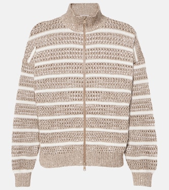 Cardigan in misto lino a righe | Brunello Cucinelli