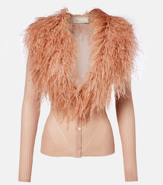 Feather-trimmed ribbed-knit cardigan | Blumarine