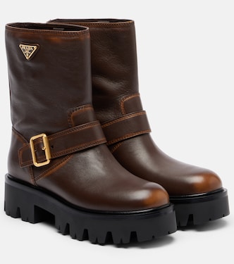 Logo leather biker boots | Prada