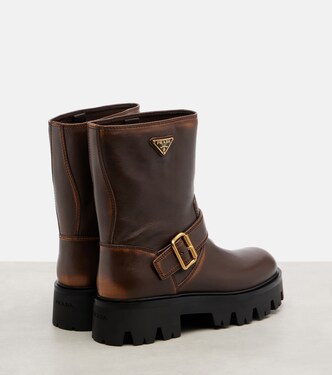 Logo leather biker boots | Prada