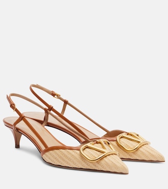 VLogo leather-trimmed raffia slingback pumps | Valentino Garavani