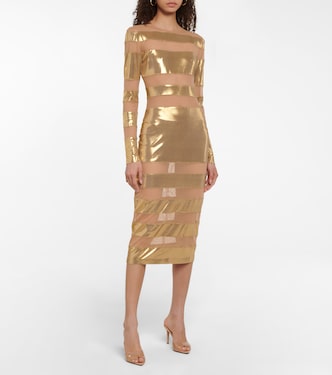 Spliced mesh-paneled lamé midi dress | Norma Kamali