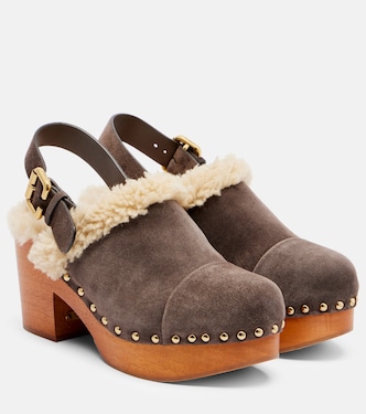 Jeannette shearling-trimmed suede wedge clogs | Chloé
