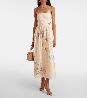 Halliday scalloped floral linen midi dress | Zimmermann