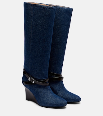 Kat denim knee-high wedge boots | Ganni