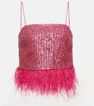 Missing Hours sequined feather-trimmed crop top | Rebecca Vallance