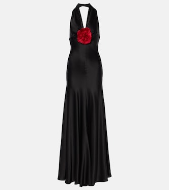 Vestido largo de satén de seda con aplique floral | Rodarte