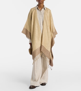 Fringed linen-blend lamé poncho | Brunello Cucinelli