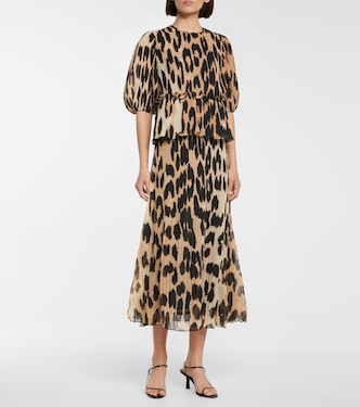 Leopard-print pleated georgette top | Ganni