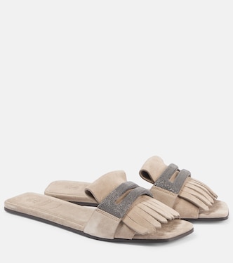 Fringed suede slippers | Brunello Cucinelli
